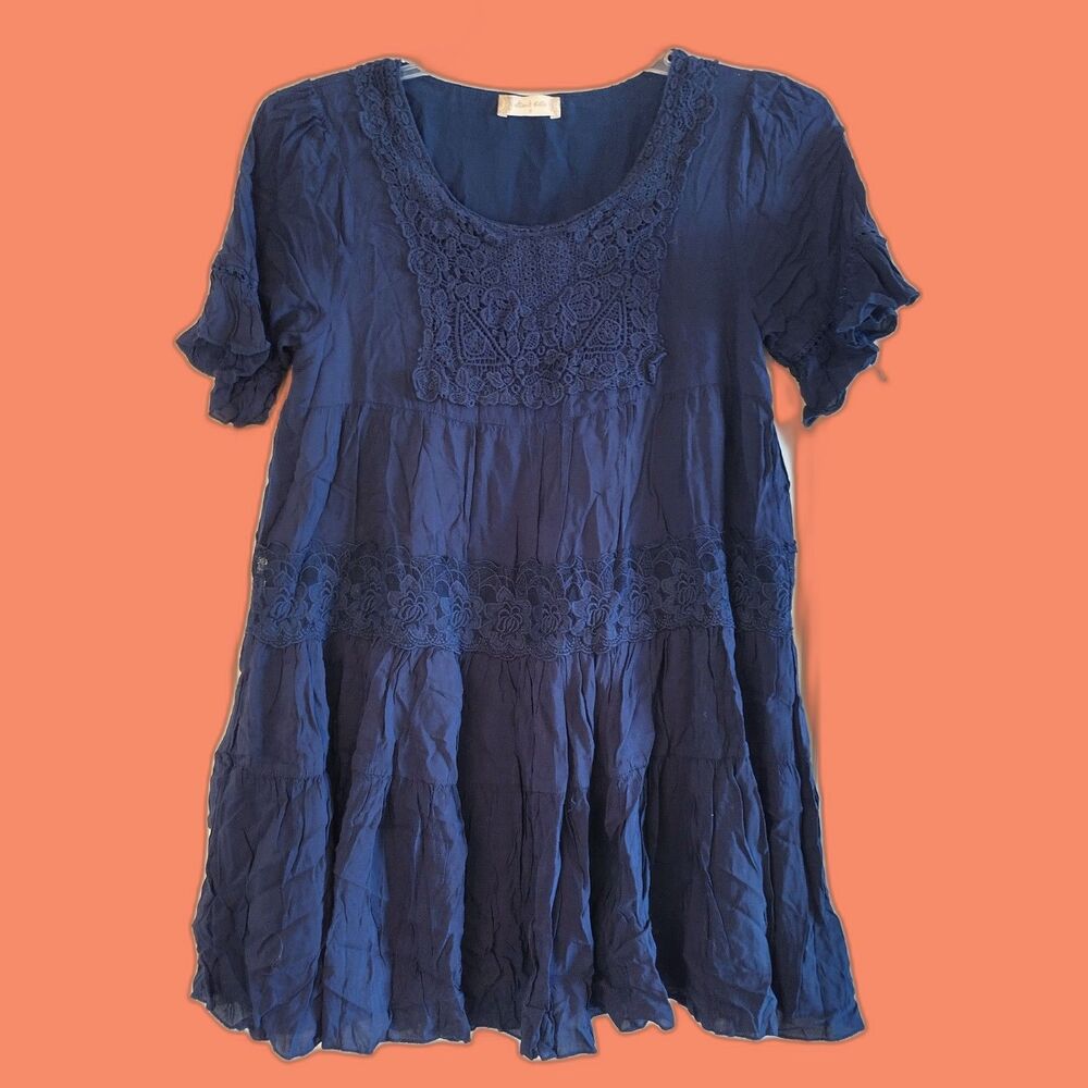 Altar'd State Navy Blue Minimalist Boho Babydoll Top S Crochet Festival Y2K